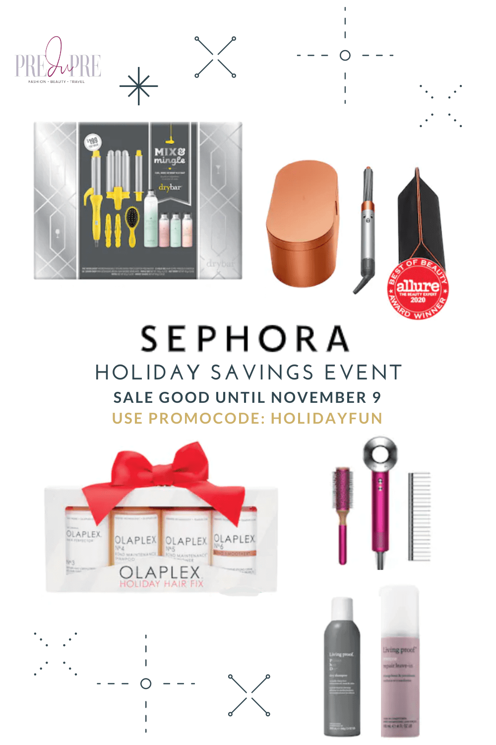 Sephora Holiday Savings Event haircare favorites like Dyson hair curler, Dyson hair dryer, Olaplex hair treatment kit, Drybar limited edition kit, and Living Proof dry shampoo