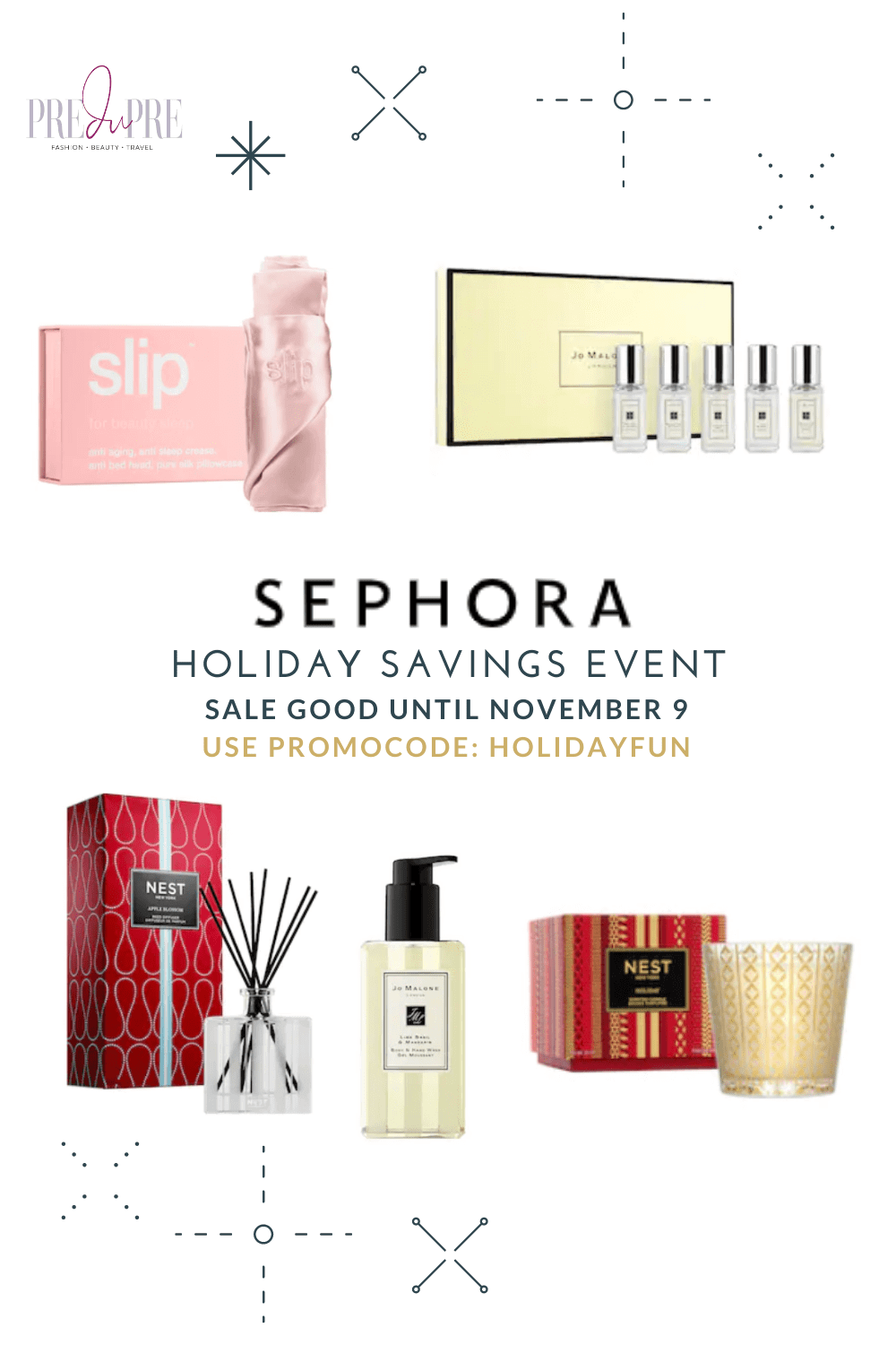 sephora holiday savings event 2020 nest fragrances, silk pillowcases, jo malone fragrances