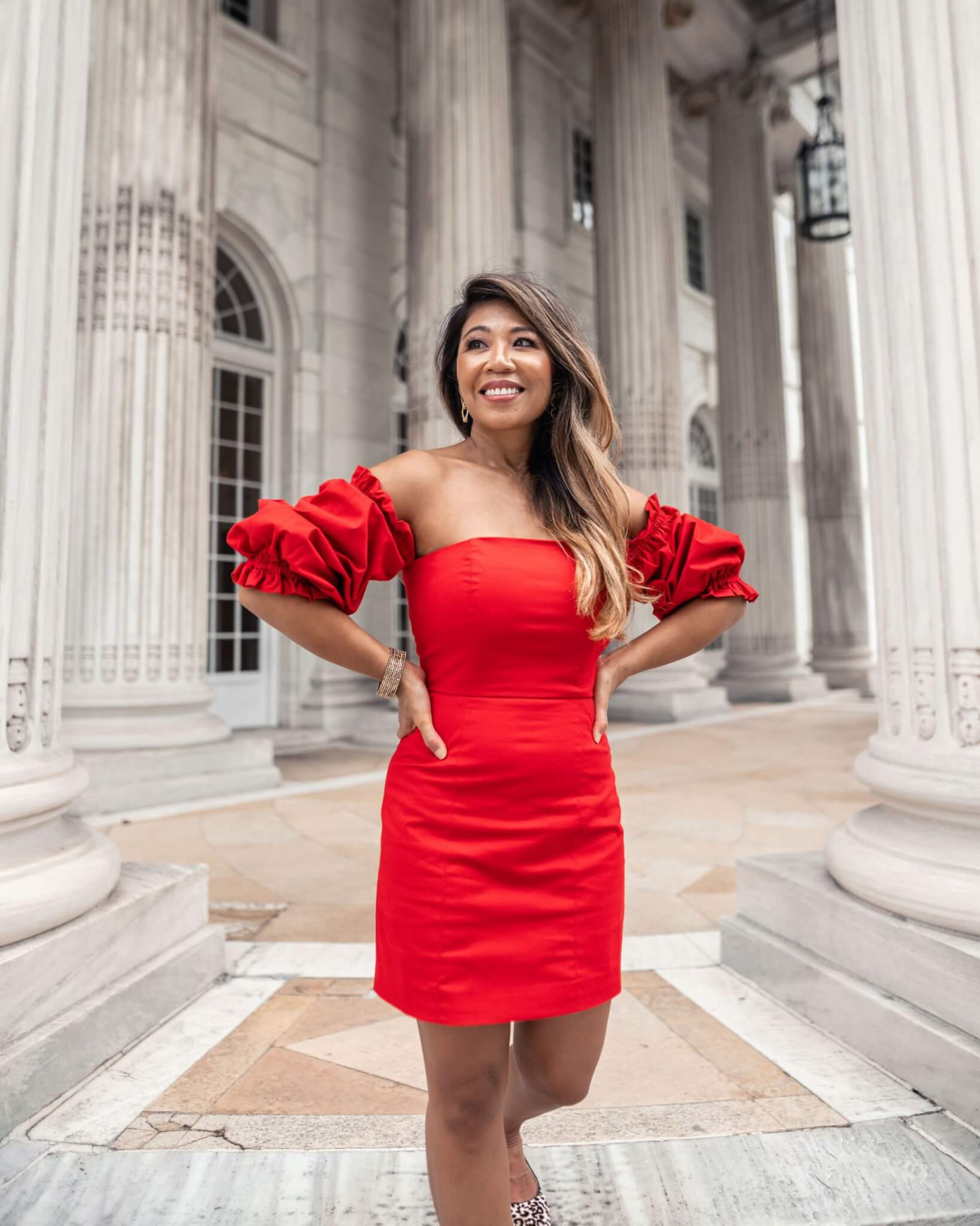 true red color dress off the shoulder mini dress on woman