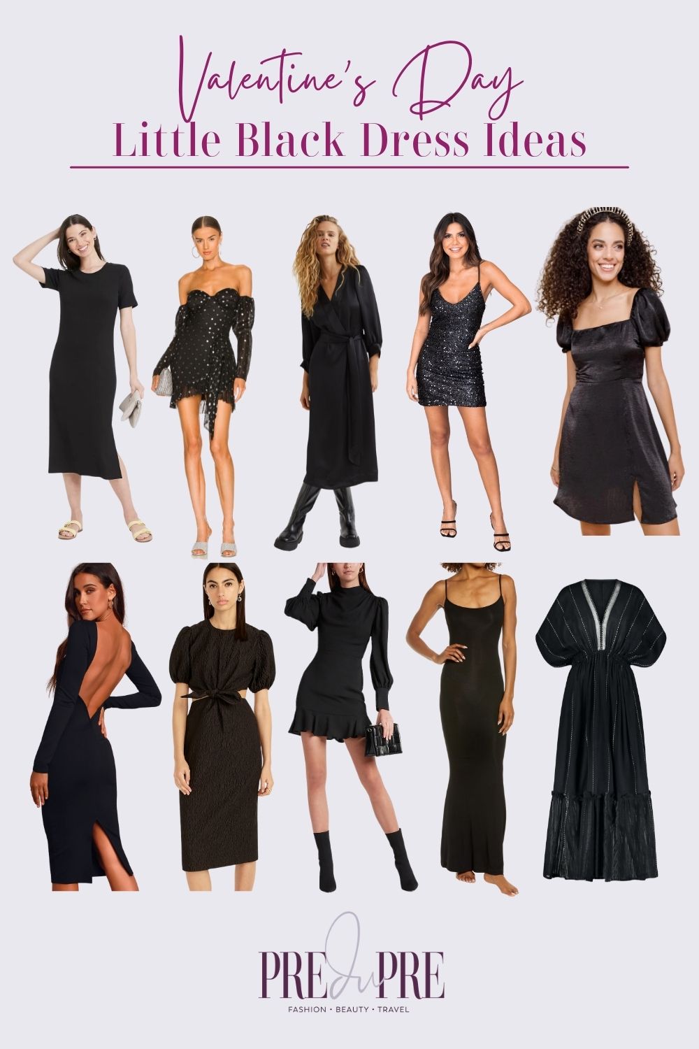 Collage of different kinds of black dresses for Valentine's Day.
