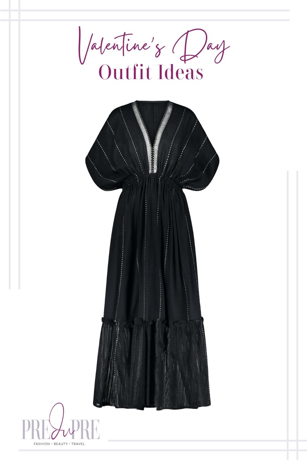 Image of a black maxi beach dress with silver lining details.