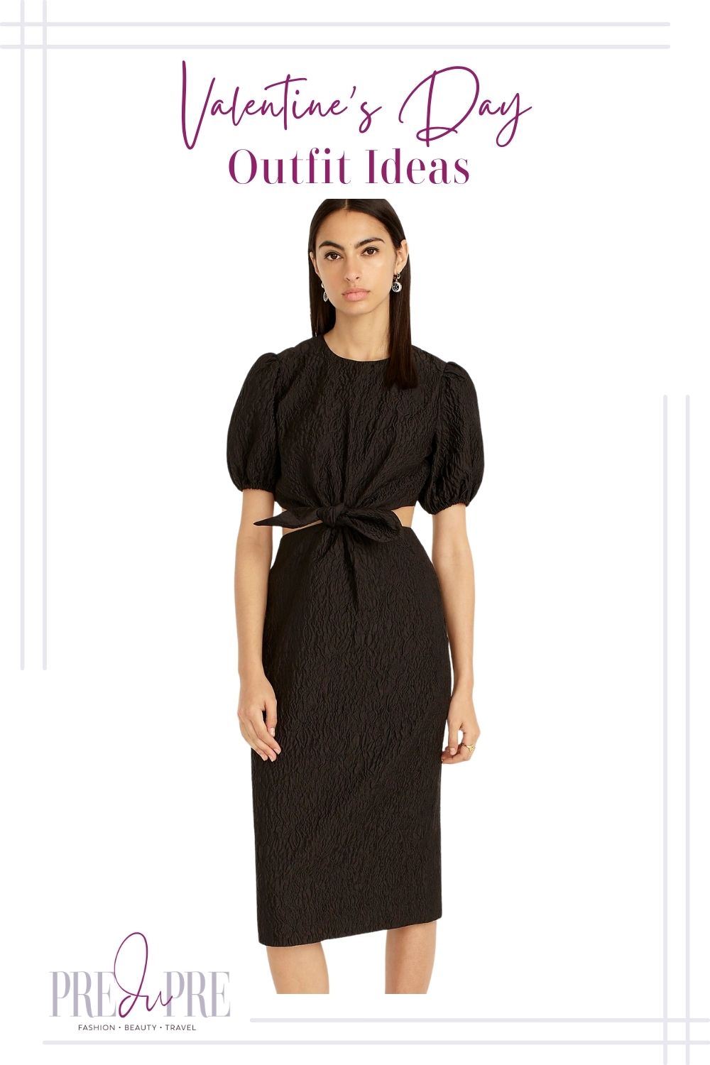 Female wearing a black cut-out midi dress.