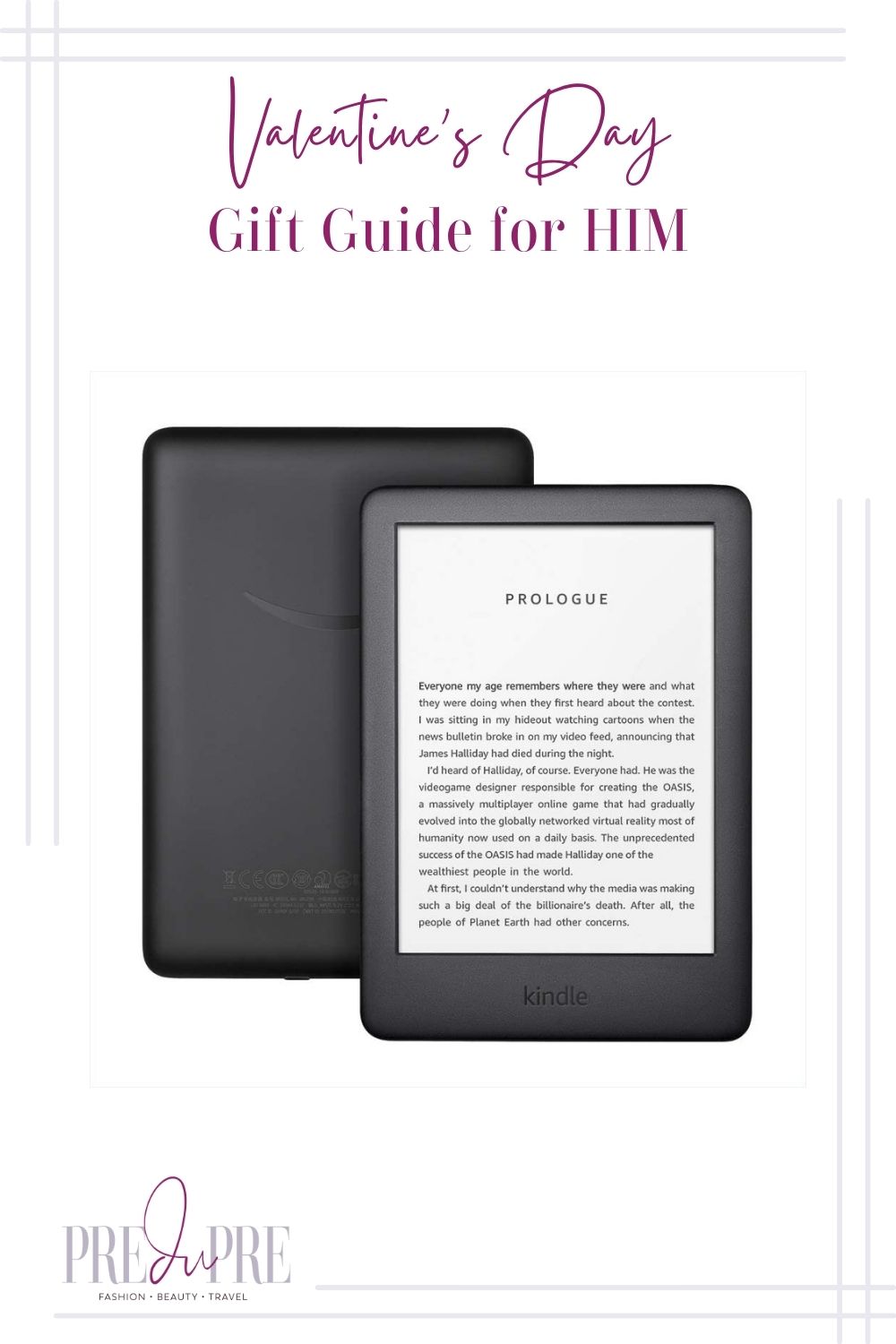 A black Kindle image with text in the center top stating "Valentine's Day Gift Guide for Him."