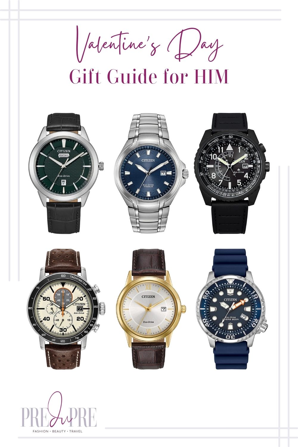 Collage of images of different kind of Citizen watches with text in the center top stating "Valentine's Day Gift Guide for Him."