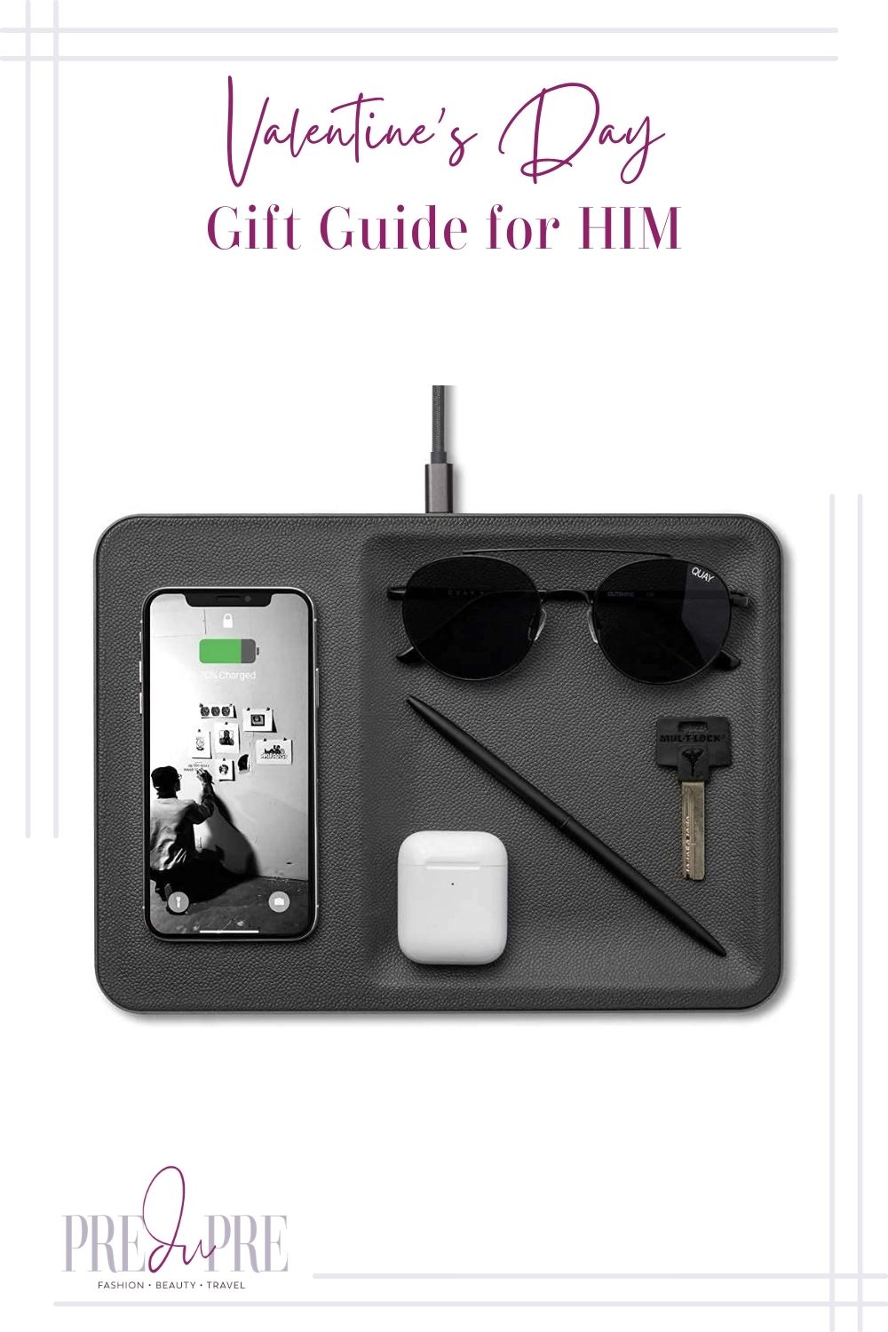 A black wireless charging station tray image with text in the center top stating "Valentine's Day Gift Guide for Him."