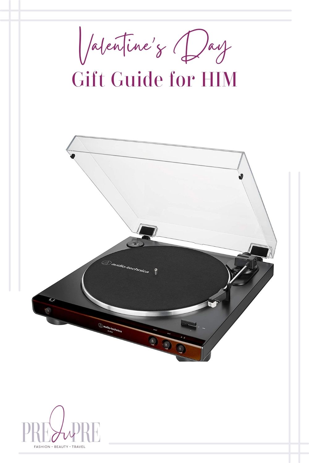 Black stereo turntable image with text in the center top stating "Valentine's Day Gift Guide for Him."