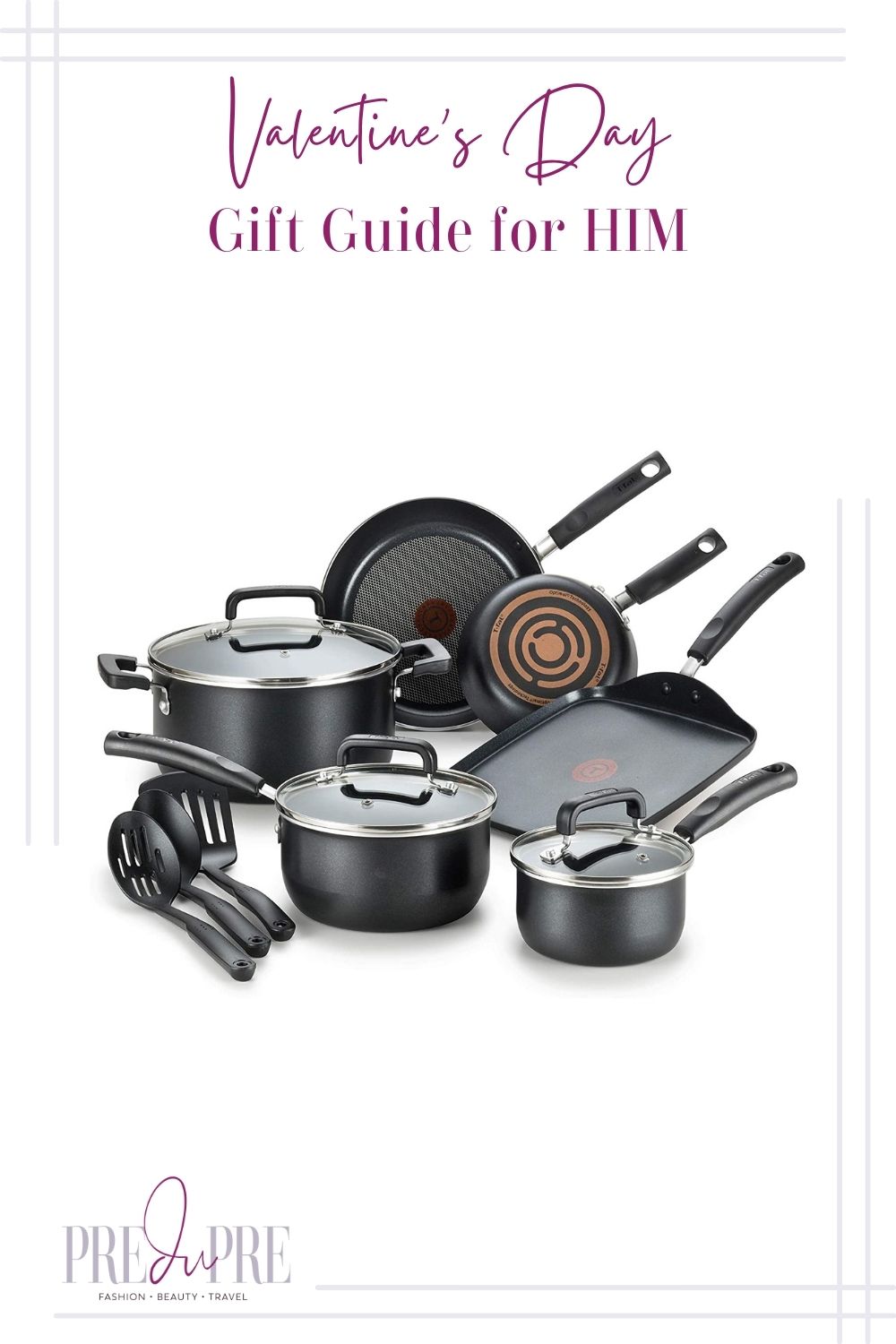 12-piece black cookware set image with text in the center top stating "Valentine's Day Gift Guide for Him."