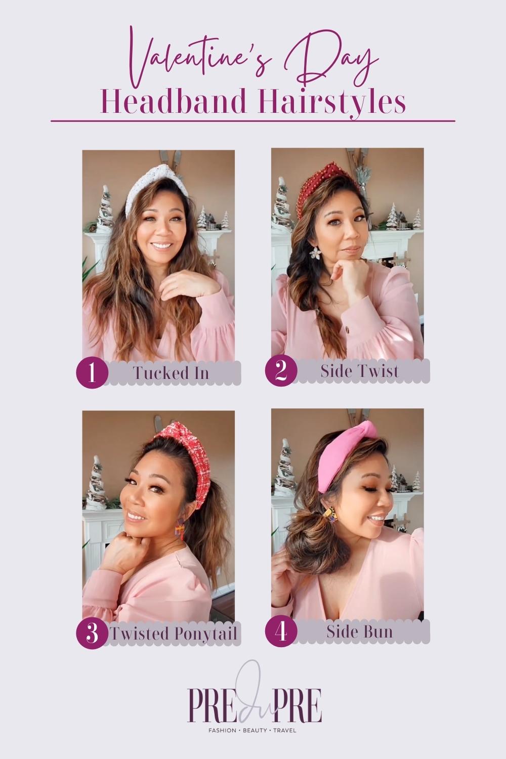 Collage of four photos of a female showcasing different ways to style hair with a headband. Shown clockwise: tucked in, side twist, twisted ponytail, and side bun.