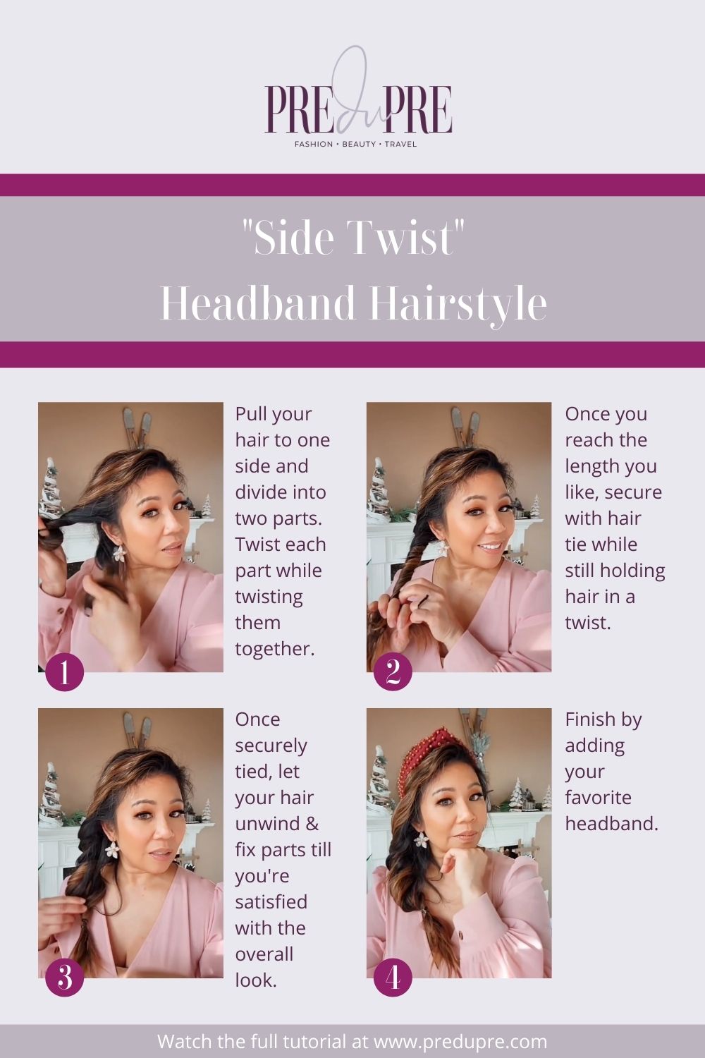 Woman pulls all her hair to one side. She divides into 2 sections and twist them as she forms them into one twist braid. Secures with hair tie, lets it loose, fixes it for finishing touches. Adds hairband.