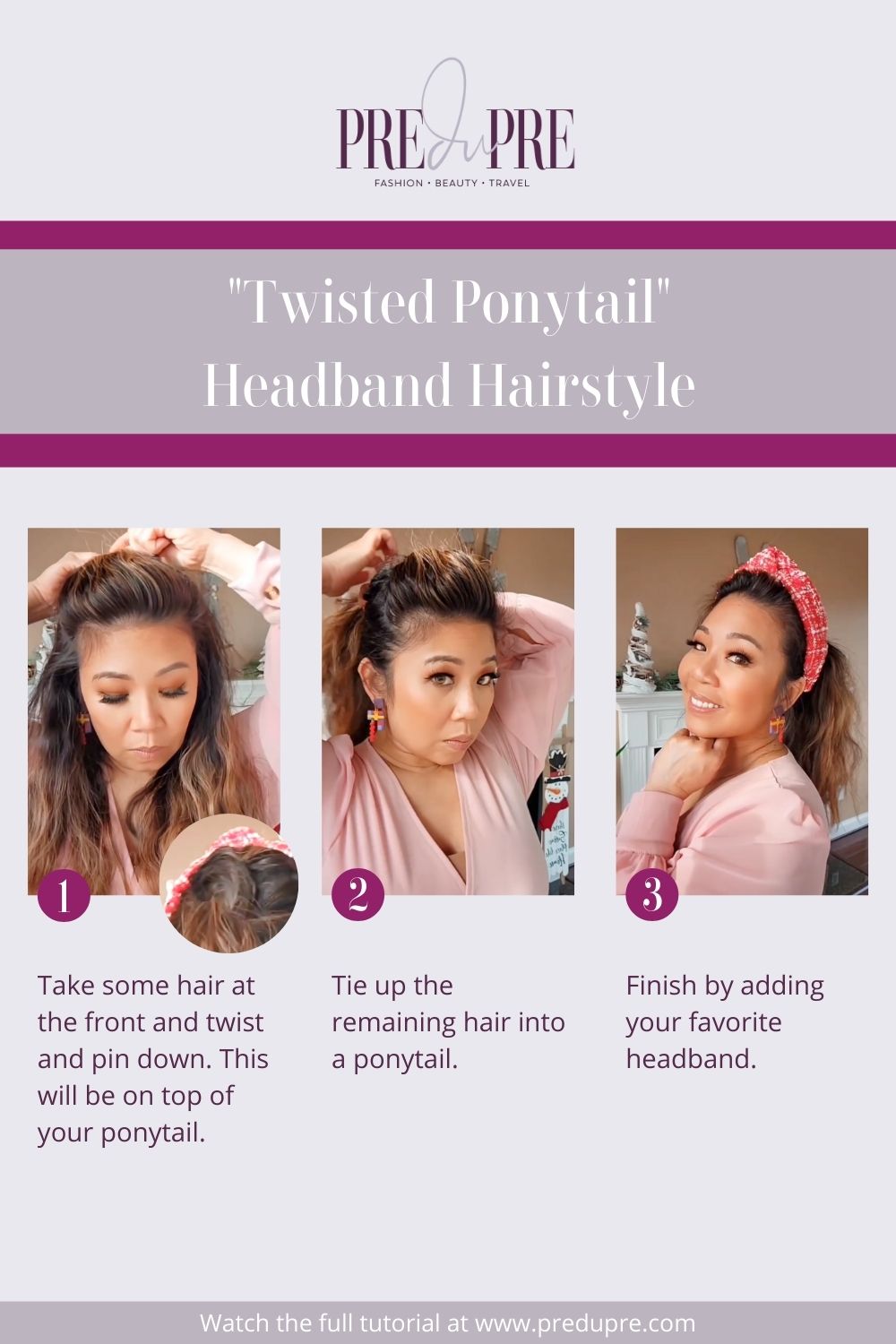 Woman pulls upu hair in the front, twist it then secures with bobby pin.  She takes the rest of her hair into a ponytail.  Adds a headband to finish the look.