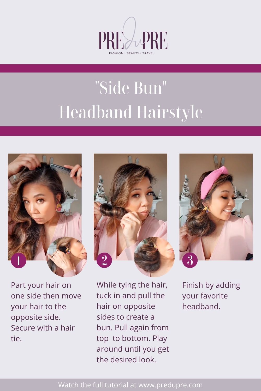 Woman parts hair on one side, then pulls all her hair on the opposite side.  She secure het hair with a hair tie, but before she finishes, she creates a bun to finish the hair tie.  She then pulls it from side to side, then from top to bottom.  Play around until you get the desired look and finish with headband.