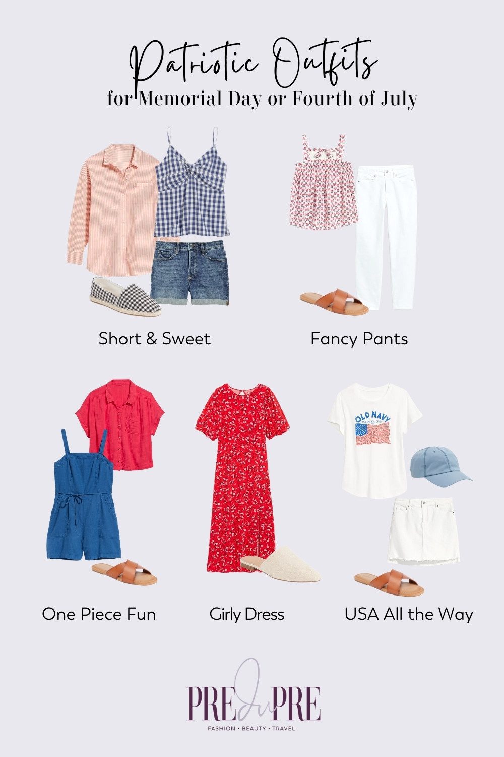 Collage of patriotic outfit ideas for Memorial Day and/or Independence Day on Fourth of July