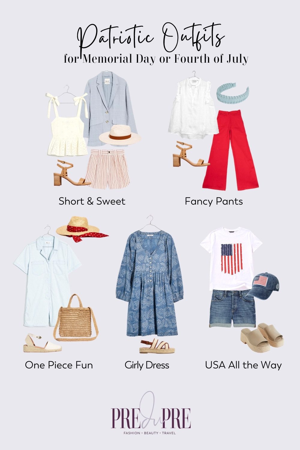 Collage of patriotic outfit ideas for Memorial Day and/or Independence Day on Fourth of July