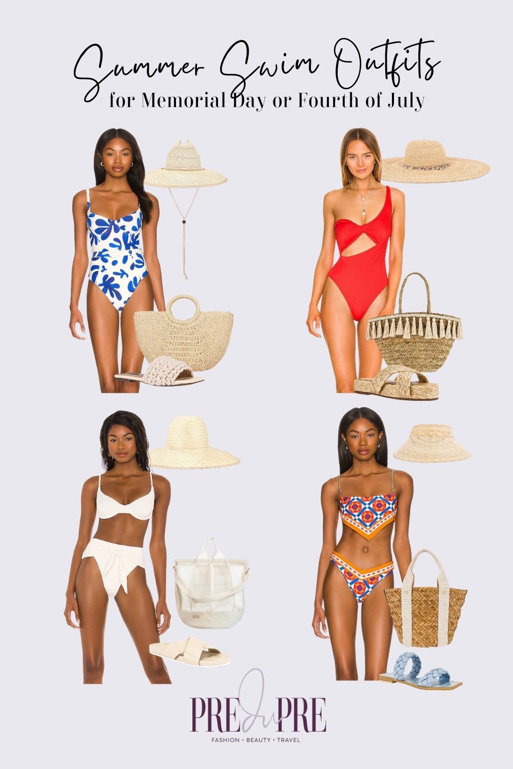 Collage of patriotic pool or beach outfit ideas for Memorial Day and/or Independence Day on Fourth of July