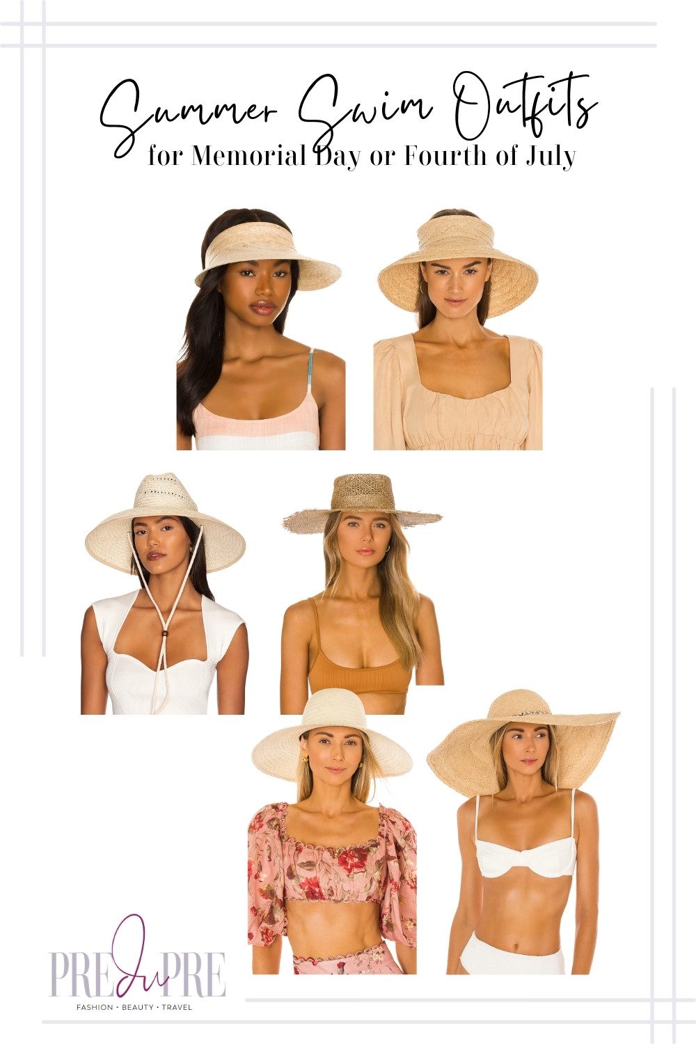 Collage of hats for your pool/beach outfit for Memorial Day and/or Independence Day on Fourth of July.