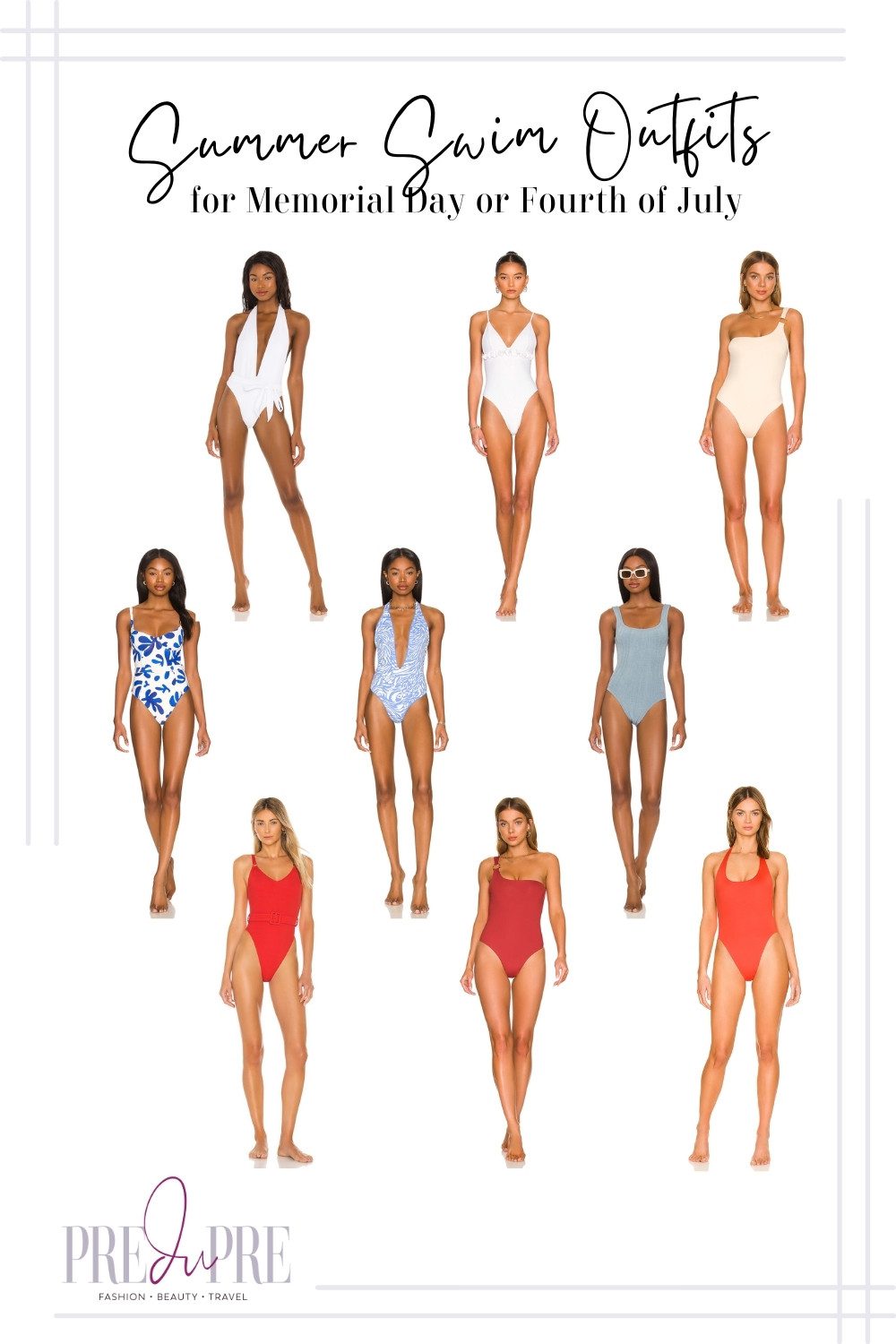 Collage of red, blue, and white one piece swimsuits for Memorial Day and/or Independence Day on Fourth of July.