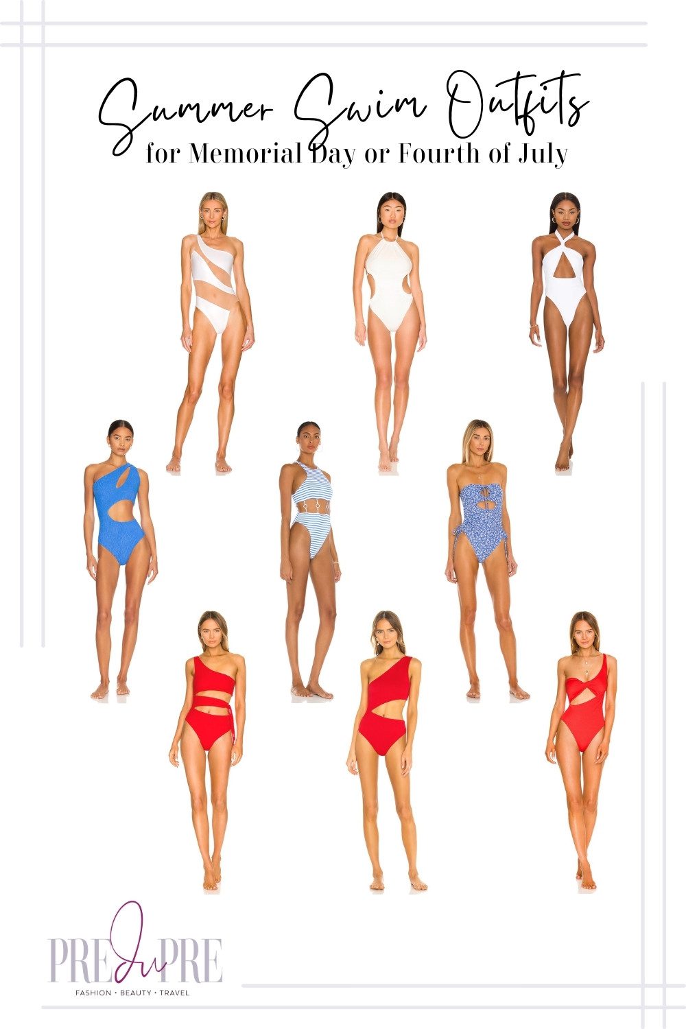 Collage of red, blue, and white one piece cut-out swimsuits for Memorial Day and/or Independence Day on Fourth of July.
