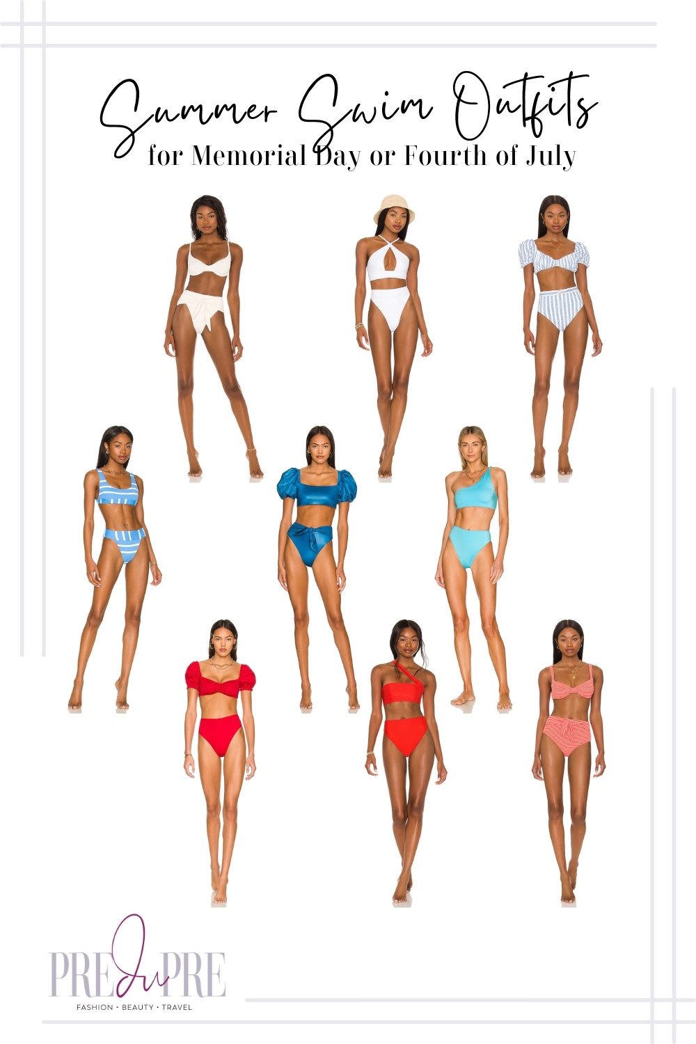 Collage of red, blue, and white high waist bikini sets for Memorial Day and/or Independence Day on Fourth of July.