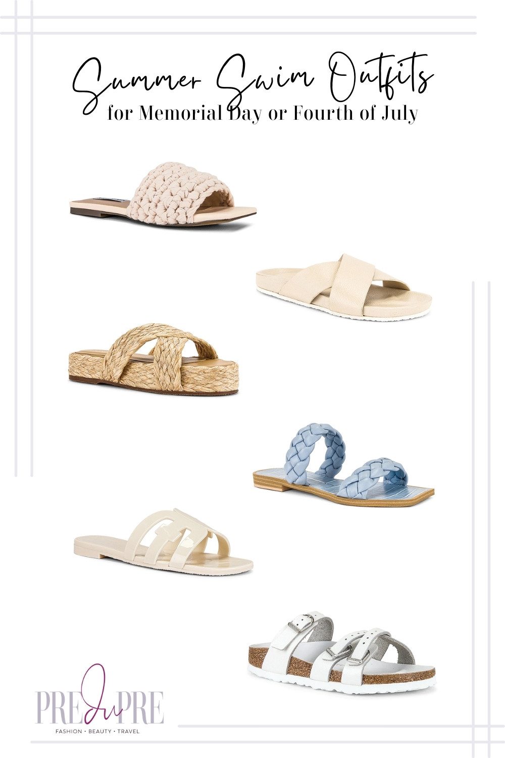 Collage of sandals for your pool/beach outfit for Memorial Day and/or Independence Day on Fourth of July.