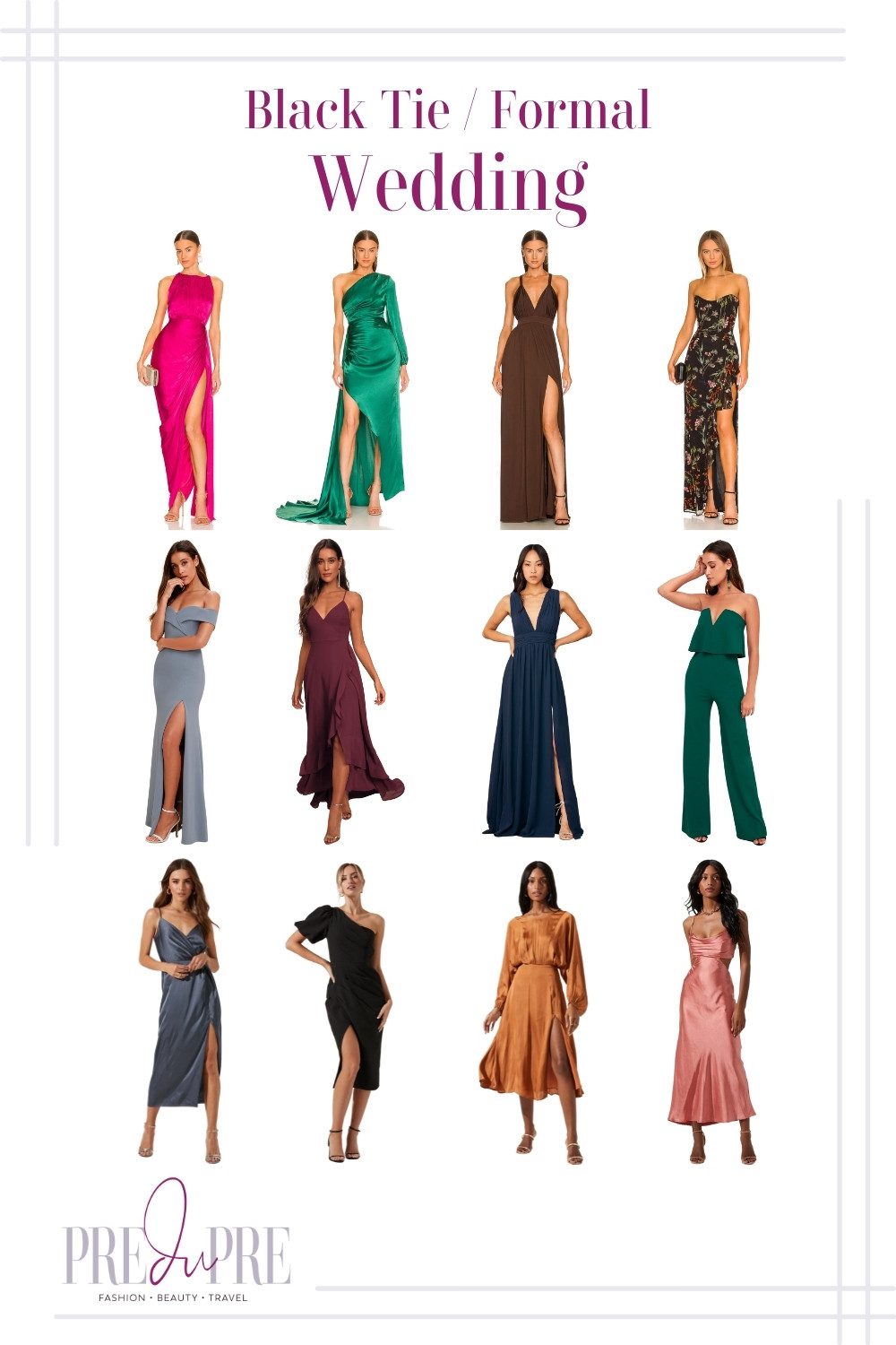 Collage of female outfits to a black tie/formal wedding. Collage features a variety of colorful gowns, jumpsuit, and cocktail dresses.