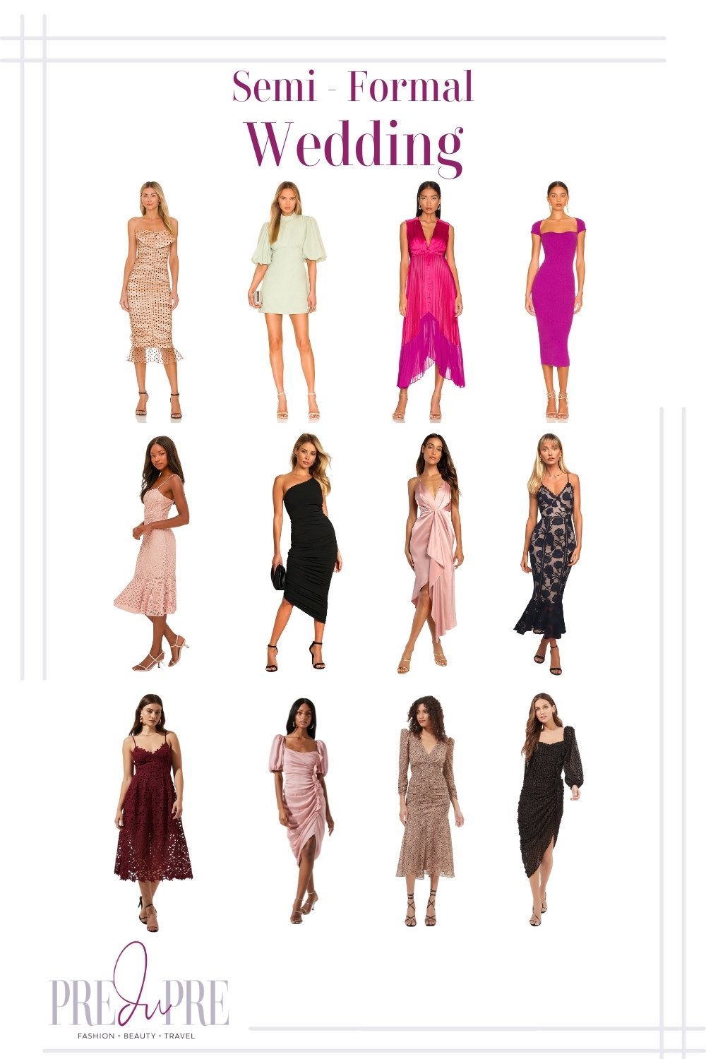 Collage of female outfits to a semi-formal wedding. Collage features a variety of colorful cocktail dresses.
