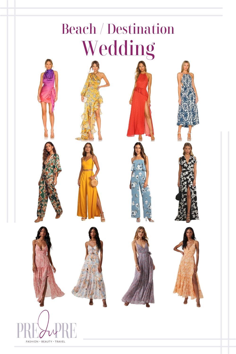 Collage of female outfits to a beach/destination wedding. Collage features a variety of colorful cocktail dresses.