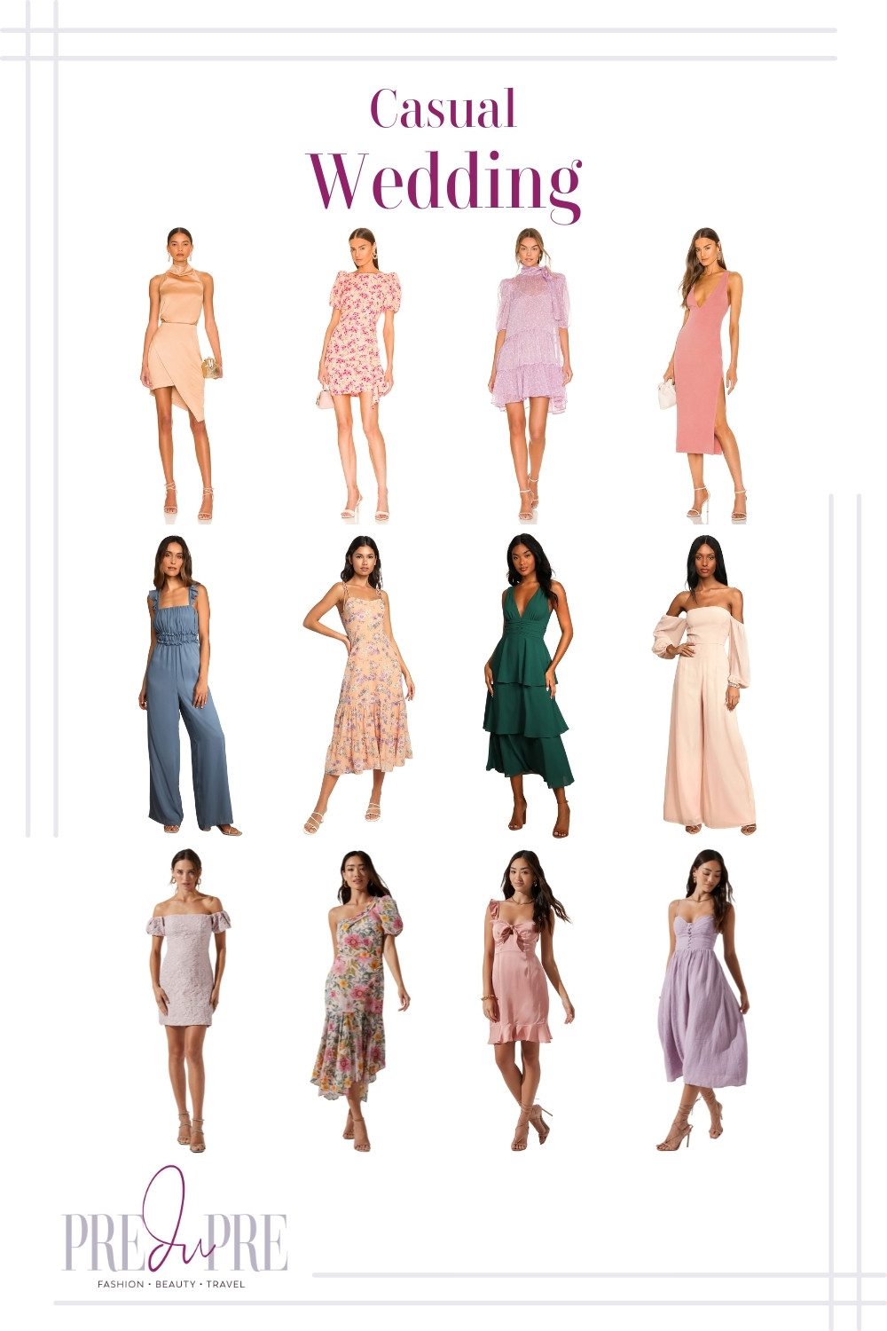 Collage of female outfits to a casual wedding. Collage features a variety of colorful cocktail dresses.