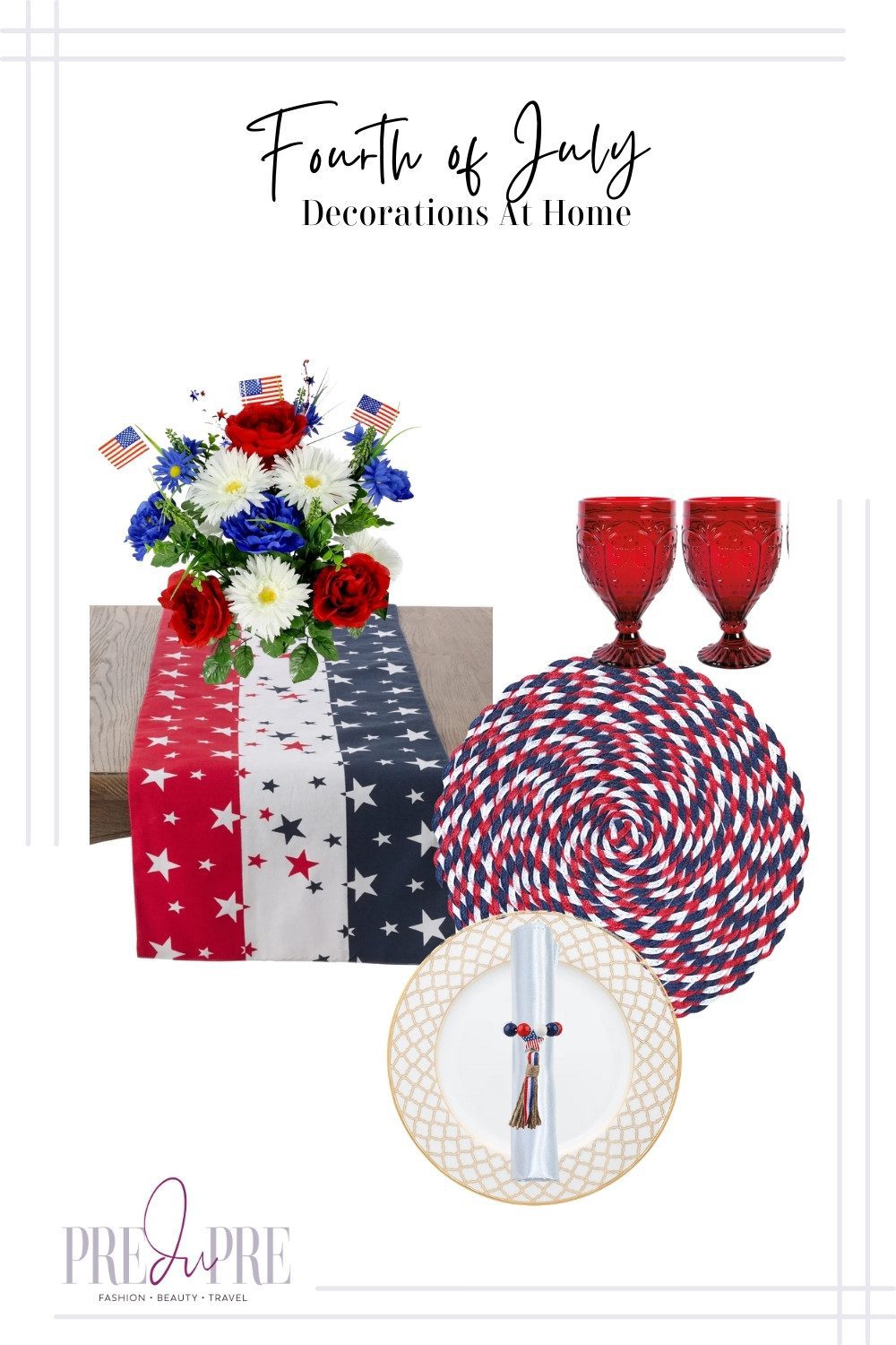 Collage of Fourth of July Decorations for dining inside at home.