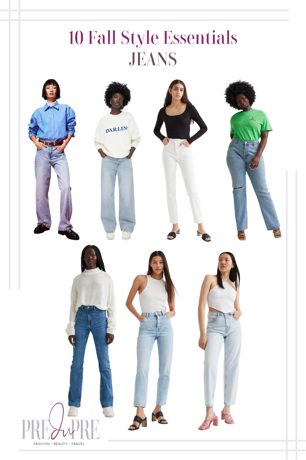Collage of different jeans. Shows a mix of regular denim jeans, white jeans, high waist, etc.