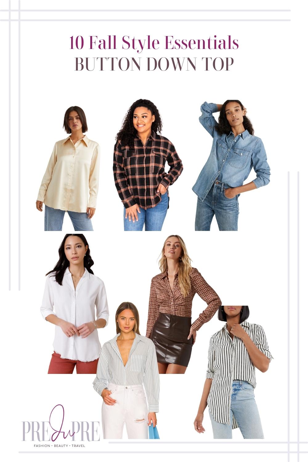Collage of different button down tops. From clockwise: beige satin top, black plaid top, chambray top, black and white striped top, brown checkered top, light grey blue striped top, and white top.