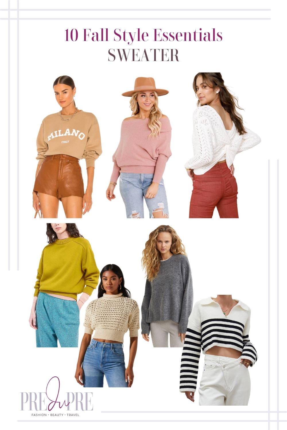 Collage of different kids of sweaters. From clockwise: brown milano text printed sweater, pink off shoulder sweater, a white sweater with a back knot detail, a black and white striped sweater, grey sweater, beige knitted sweater, and a chartreuse green sweater.