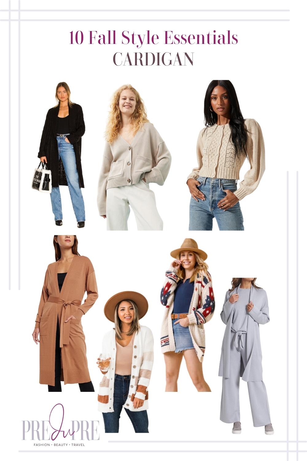 A collage of different cardigans. From clockwise: black long cardigan, beige chunky cardigan, intricate cream crochet cardigan, light grey cardigan, a blue and red printed cardigan, a striped neutral thigh length cardigan, and a long brown cardigan.