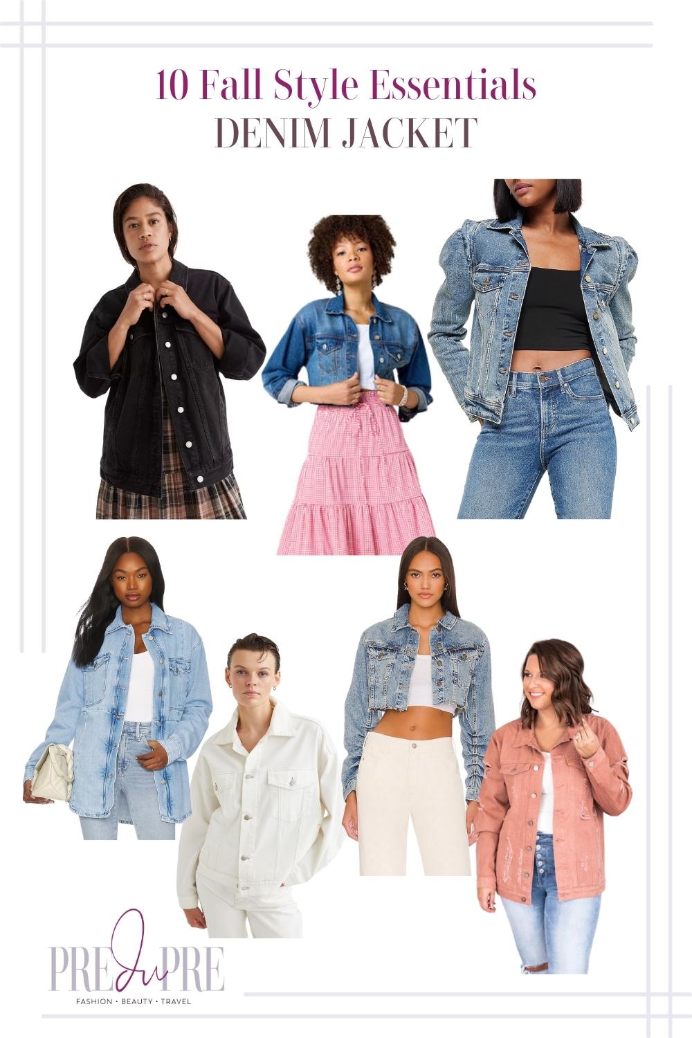 Collage of different denim jackets. From clockwise: black denim jacket, denim cropped jacket, puff sleeved denim jacket, mauve denim jacket, slightly washed out denim cropped jacket, white denim jacket, and a classic denim jacket.
