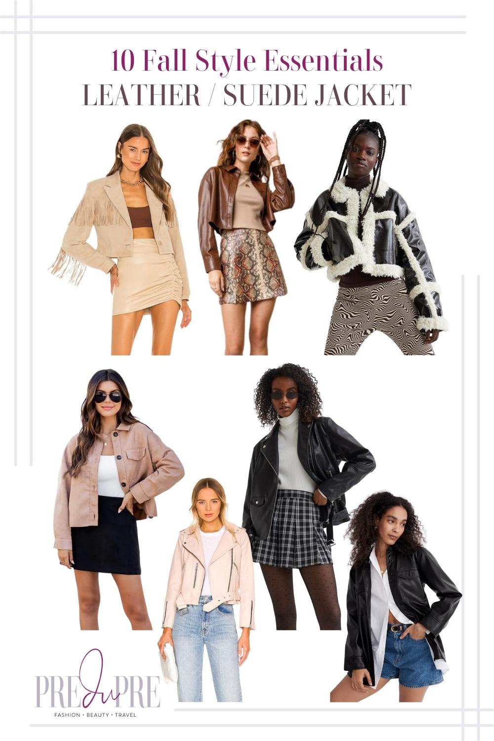 Collage of leather and suede jackets. From clockwise: nude brown fringed cropped suede jacket, brown leather jacket, leather and fur jacket, black leather jacket, black leather moto jacket, pastel pink leather moto jacket, and nude suede jacket.