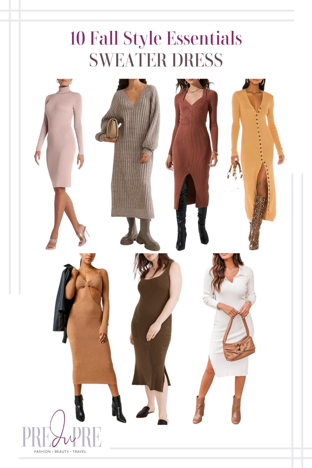 Collage of sweater dresses. From clockwise: muted pink turtleneck sweater dress, grey chunky knit ribbed sweater dress, rust brown sweater dress with front slit, yellow button down sweater dress, white collared sweater dress with a side slit, olive green thick strapped ribbed sweater dress, and brown cut-out sweater dress.