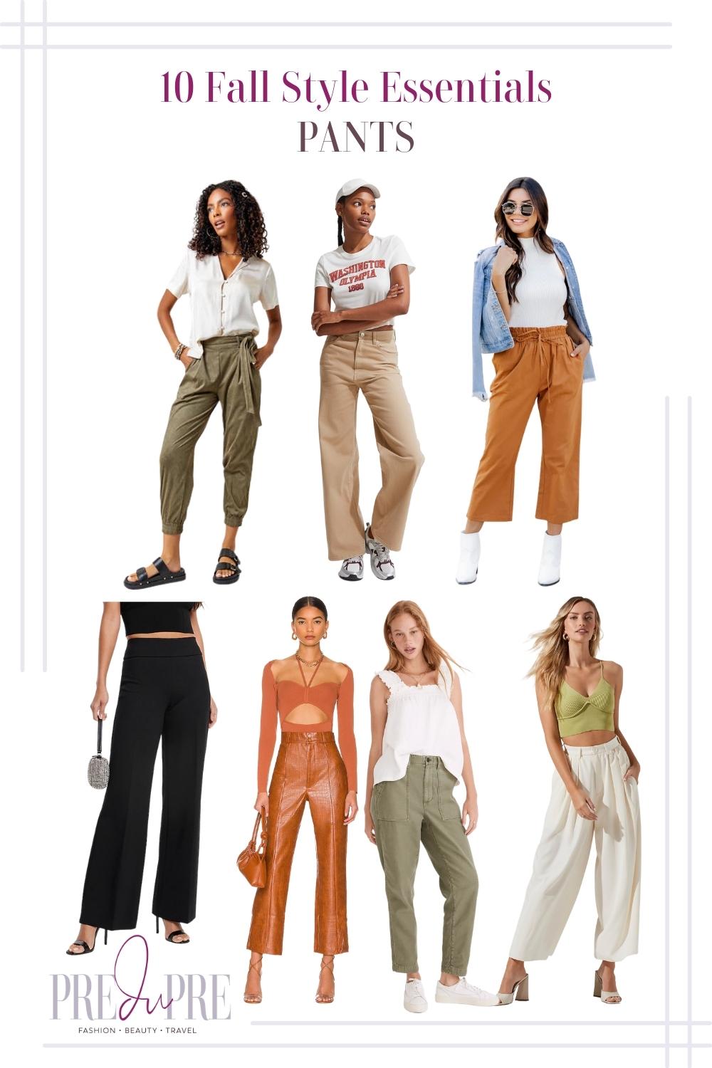 Collage of different pants. From clockwise: green paper bag tie jogger pants, beige pants, orange tie capri pants, white loose fit trousers, green cargo pants, brown leather pants, and black wide leg pants.