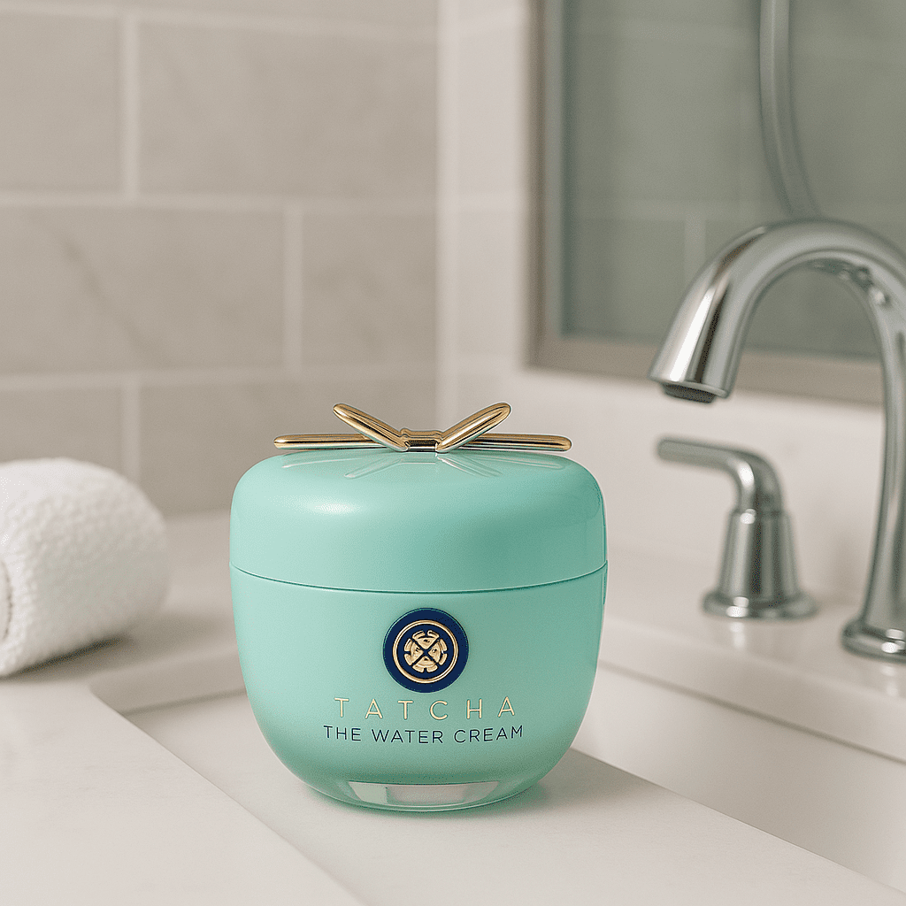 Tatcha The Water Cream in a mint green jar with gold detailing, styled on a white marble bathroom counter with a rolled towel