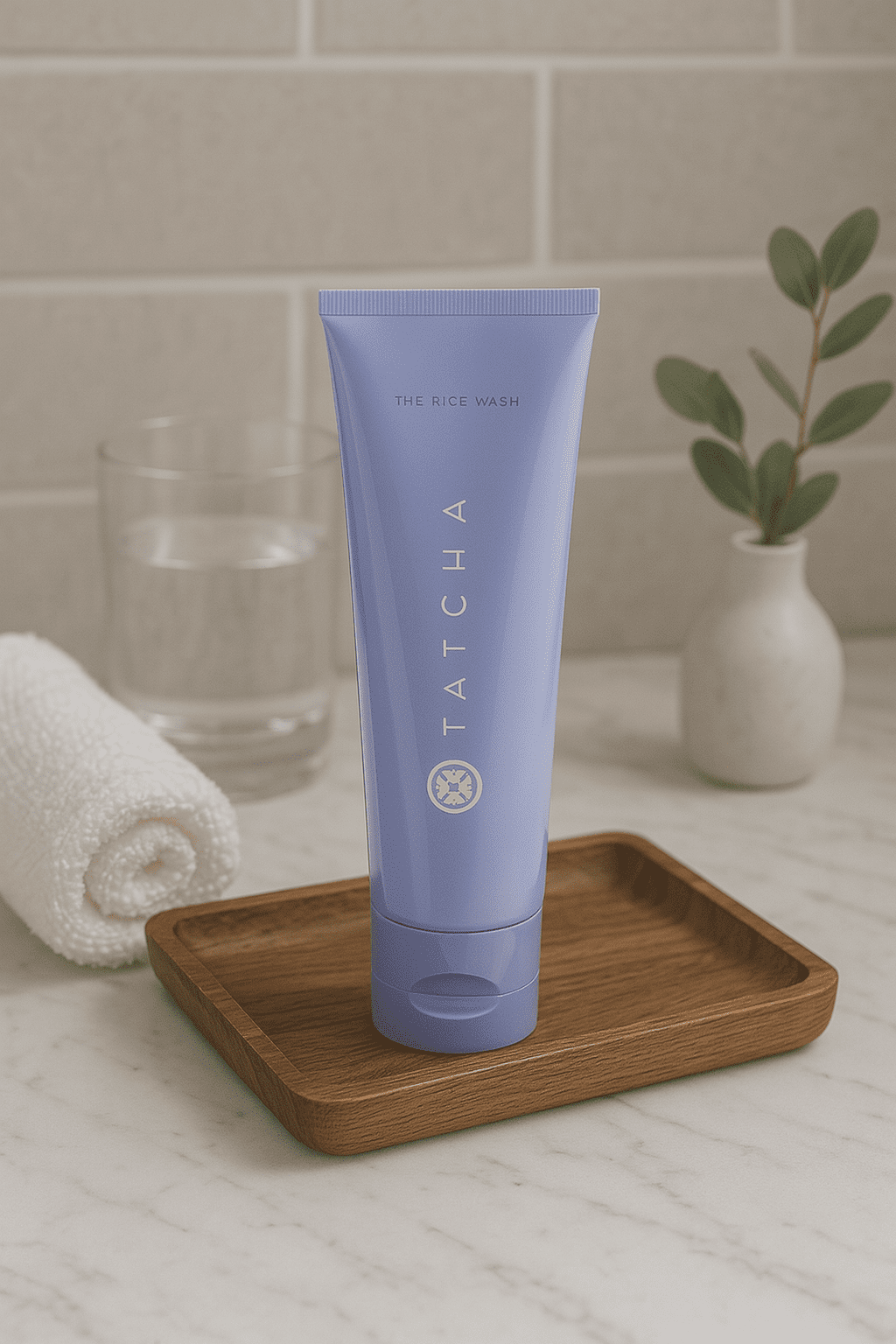Tatcha Skincare Reivew: Tatcha The Rice Wash on bathroom marbled counter sitting on top of wood platter.