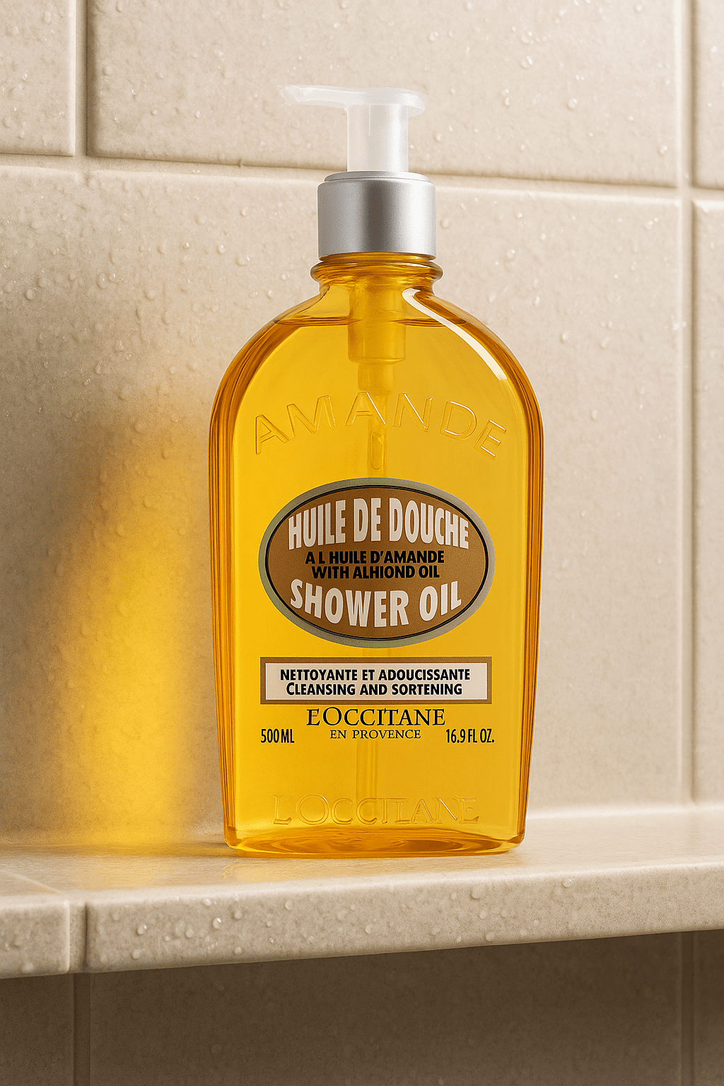 L’OCCITANE Shower Oil on shower ledge with tiled wall